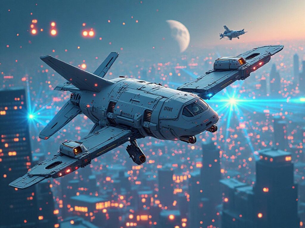 AIによって制御される自律型ドローンスウォームと未来の戦場を表すコンセプトアート